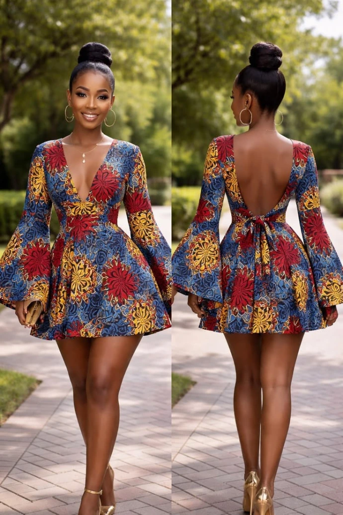 Robe courte dos nu en tissu wax à Dijon proposée par Messaga Care alliant élégance et style moderne.